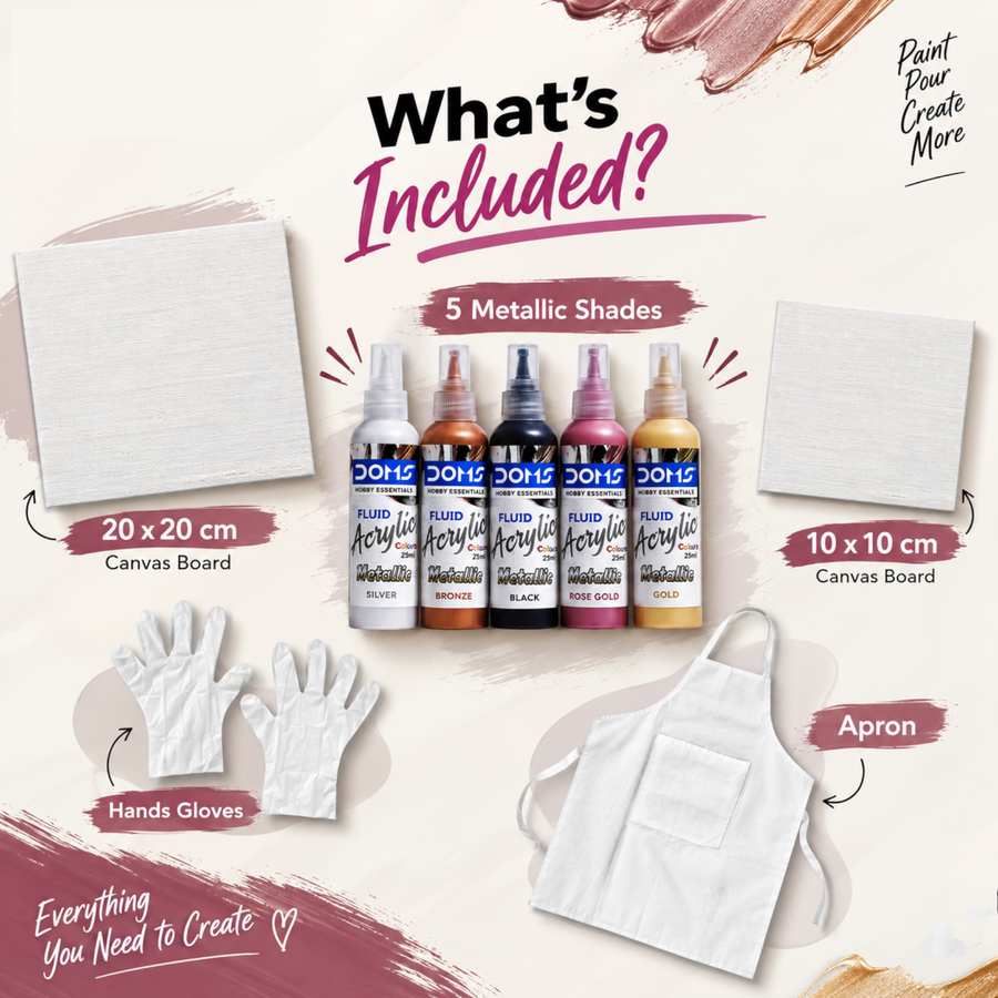 DOMS Hobby Essentials Metallic Fluid Acrylic Colours Kit 5 Assorted Shades, 25 ml Each | Ready-to-Pour Acrylic Paint Set with 2 Canvas Boards, Apron & Hand Gloves for Fluid Art & Pour Painting