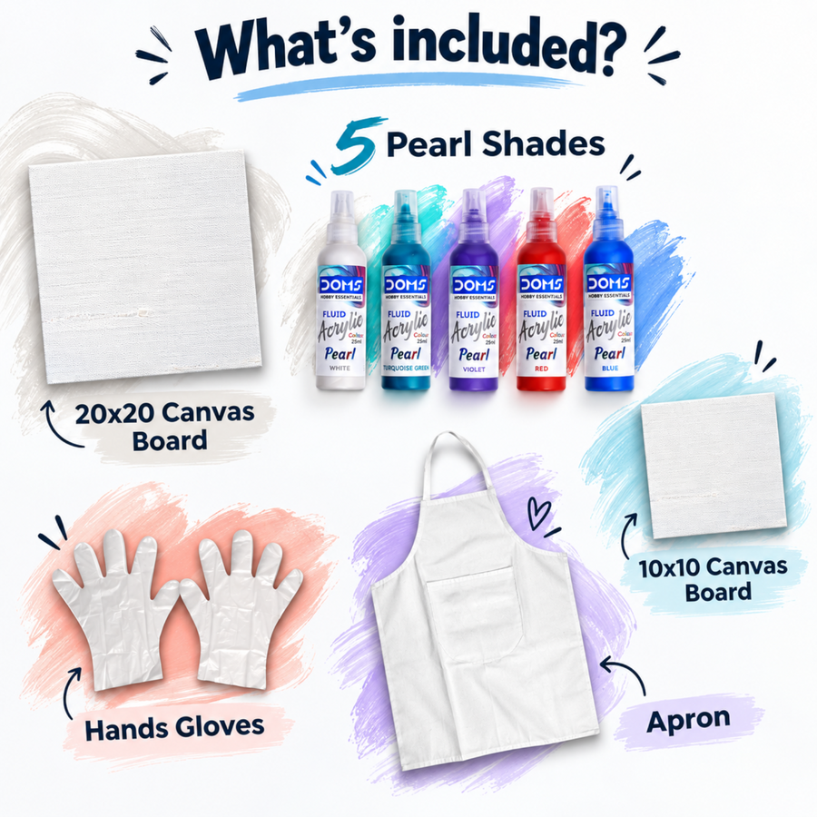 DOMS Hobby Essentials Pearl Fluid Acrylic Colours Kit 5 Assorted Shades, 25 ml Each | Ready-to-Pour Pearlescent Acrylic Paint Set with 2 Canvas Boards, Apron & Hand Gloves for Fluid Art, Pour Painting & DIY Crafts