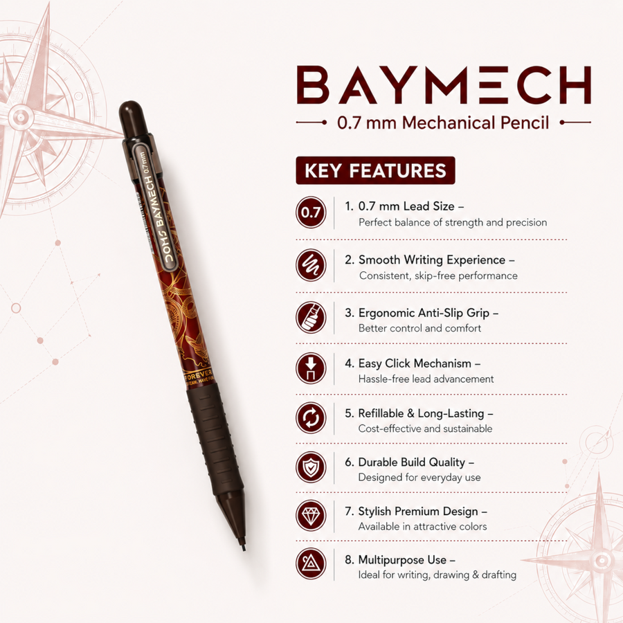 DOMS BAYMECH Mechanical Pencil 0.7 mm | Premium Refillable Pencil with Grip | Smooth Writing & Precision Drawing Tool