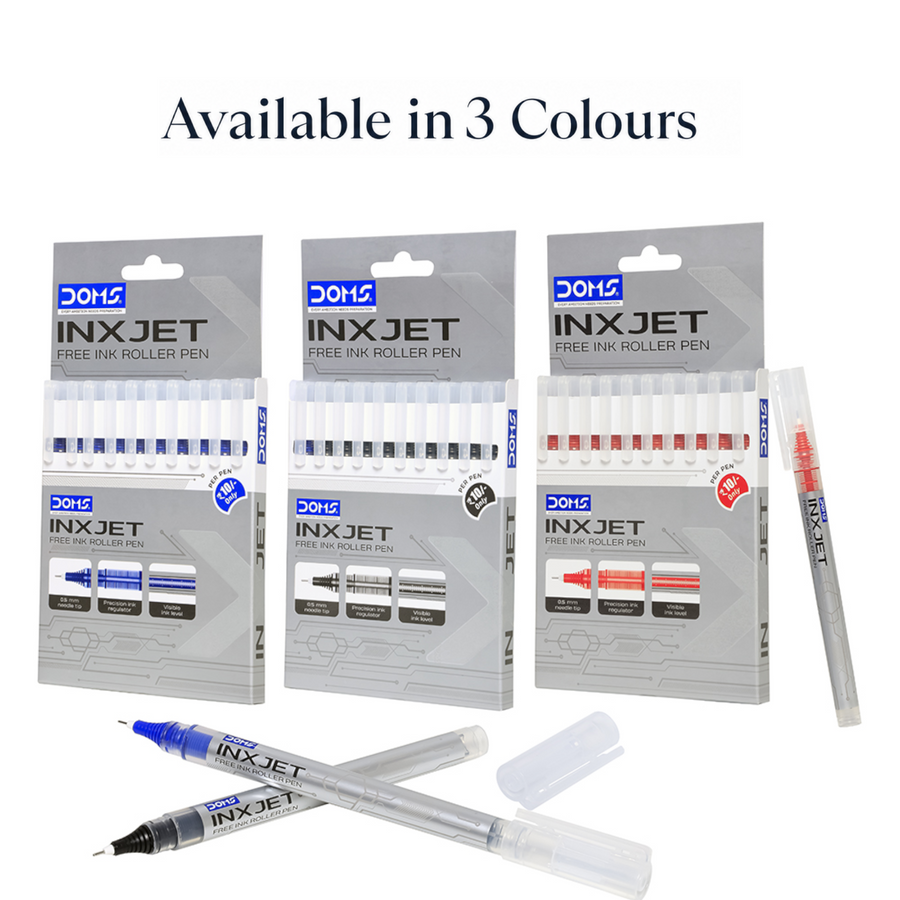 DOMS INXJET Free Ink Roller Pens Pack – 0.5mm Precision Tip | Pack of 10 Pens | Smooth Writing Roller Pens | Blue, Black, Red & Multicolour Ink