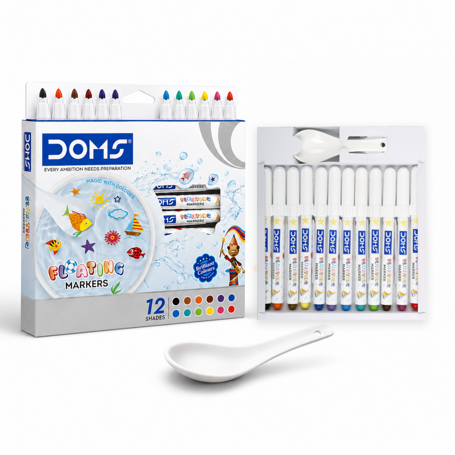 DOMS Floating Markers Set – 12 Vibrant Shades with Magic Water Effect | Fun Drawing & Floating Ink Markers for Kids | Creative Art & Activity Kit with Spoon