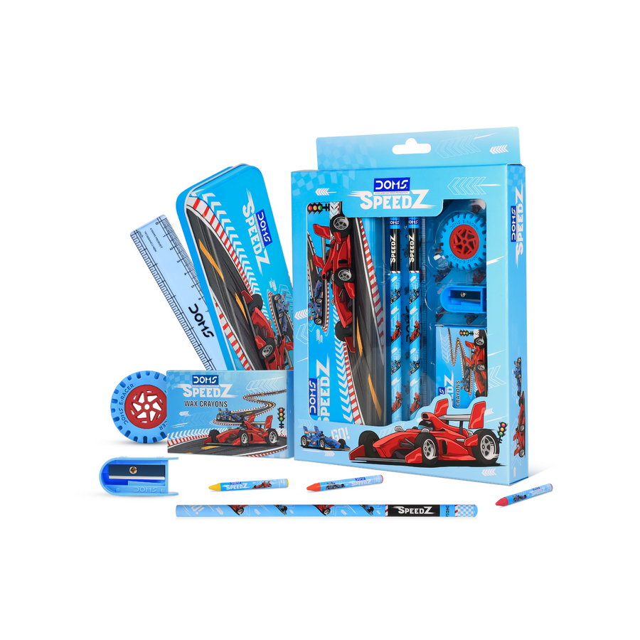 DOMS Speedz Kit Kids Stationery Set with Pencil Box, Wax Crayons, Pencils, Eraser, Sharpener & Scale | Complete School Kit