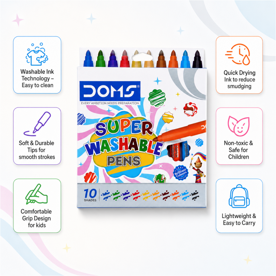 DOMS Super Washable Pens 10 Shades | Easy Wash Ink Colouring Pens for Kids, School & Art