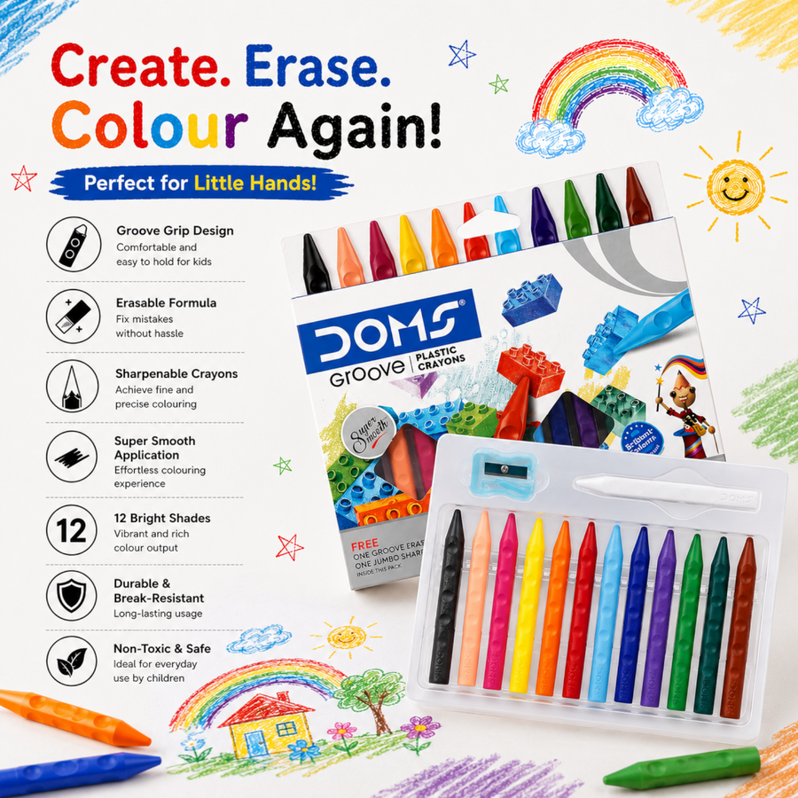 DOMS Groove Plastic Crayons – 12 Shades Erasable & Sharpenable Crayons with Grip Design | Smooth Colouring for Kids