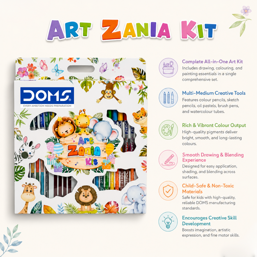 DOMS Art Zania Kit – Complete Kids Art & Craft Set with Colour Pencils, Oil Pastels, Sketch Tools & Water Colours | All-in-One Creative Drawing Kit