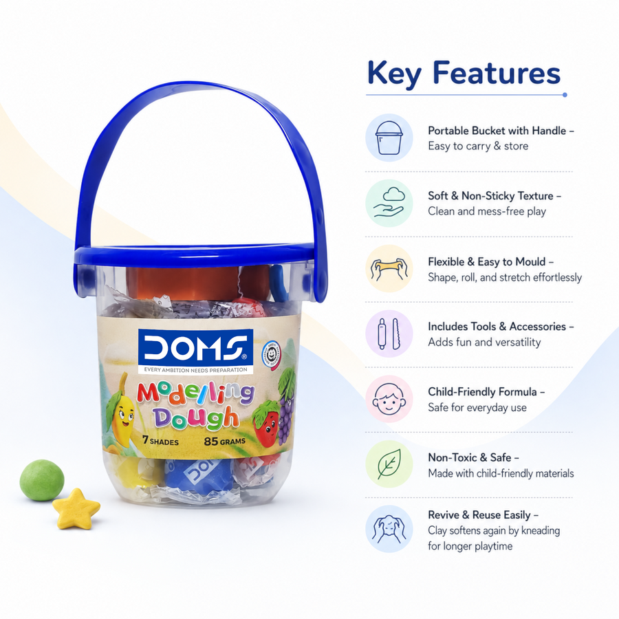 DOMS Modelling Dough Set – 7 Shades (85g) with Bucket & Tools | Soft Non-Sticky Dough for Kids Art & Craft