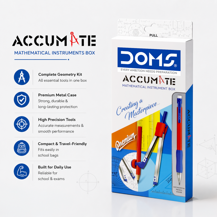 DOMS ACCUMATE Math Instrument Box – Premium Geometry Kit with Compass, Divider, Protractor, Scale & Mechanical Pencil for Students
