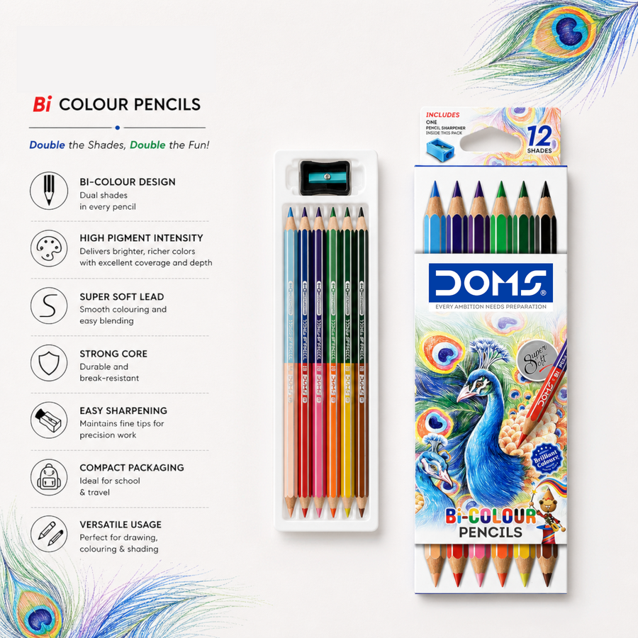 DOMS Bi-Colour Pencils Set – Dual Colour Art Pencils with Sharpener | Vibrant & Smooth Colouring