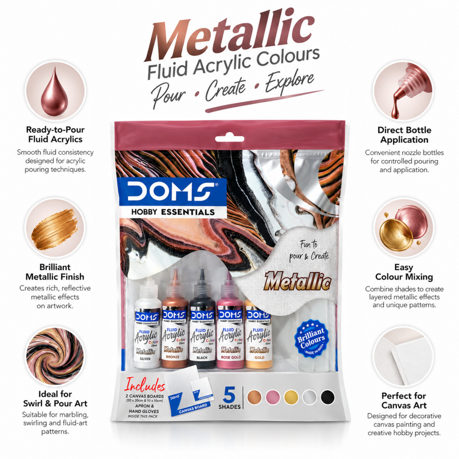 DOMS Hobby Essentials Metallic Fluid Acrylic Colours Kit 5 Assorted Shades, 25 ml Each | Ready-to-Pour Acrylic Paint Set with 2 Canvas Boards, Apron & Hand Gloves for Fluid Art & Pour Painting