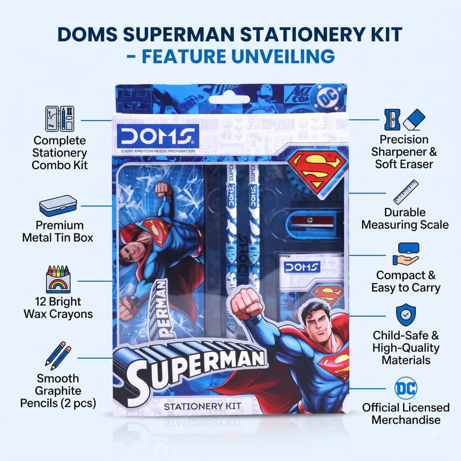 DOMS Superman Stationery Kit with Metal Tin Box, 12-Shade Wax Crayons, 2 Pencils, Eraser, Sharpener & Scale | School & Gifting Set