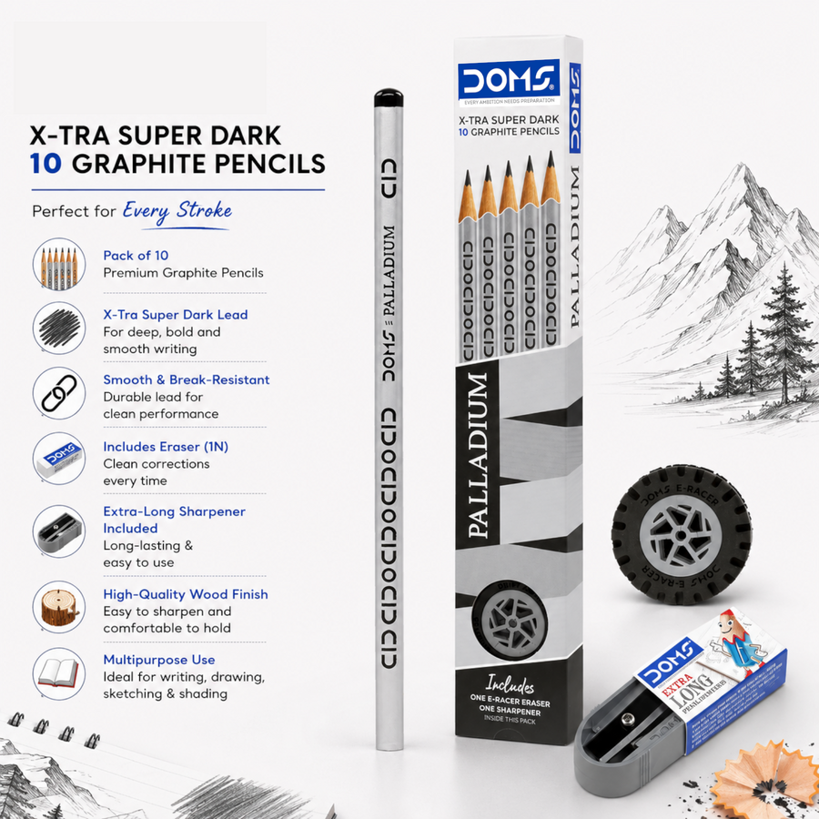 DOMS Palladium X-Tra Super Dark Graphite Pencils Pack of 10 with Eraser & Sharpener | Premium Writing & Drawing Pencils for School & Office Use