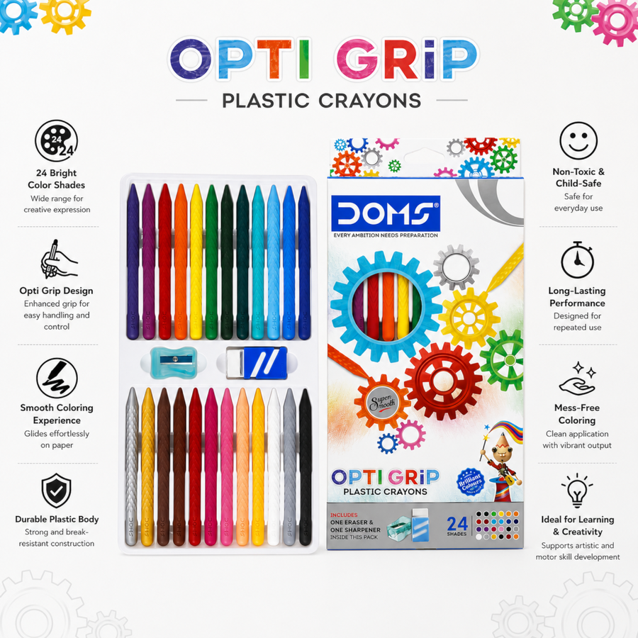 DOMS 24 Shades Opti Grip Plastic Crayons Set for Kids | Non-Toxic Vibrant Coloring Crayons | Smooth, Break-Resistant Art & Drawing Kit