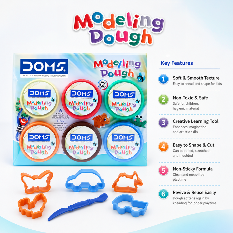 DOMS Modelling Dough 6 Shades (150g) – Soft Non-Toxic Clay Dough for Kids with Tools | Easy to Mould Art & Craft Kit