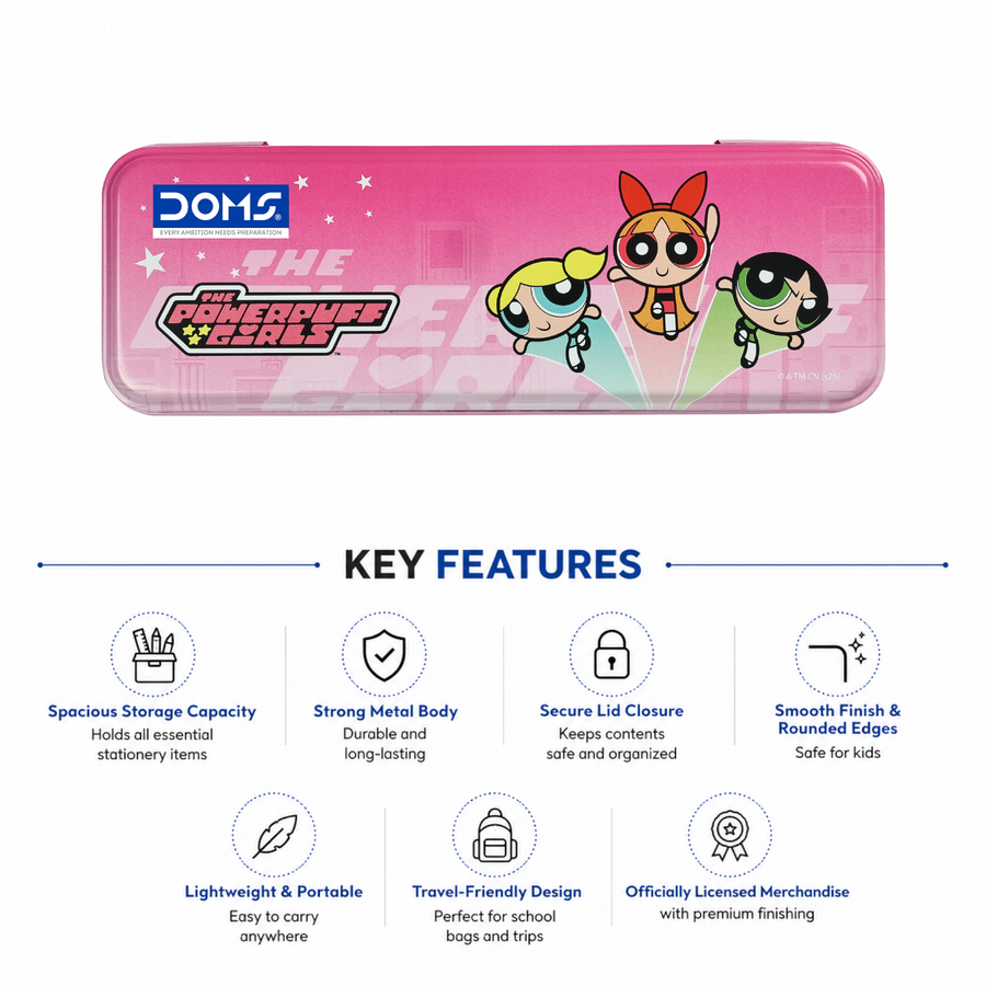 DOMS Powerpuff Girls Tin Box | Cute Metal Pencil Box for Kids | Multi-Purpose Storage Case | Official licensed Merchandise