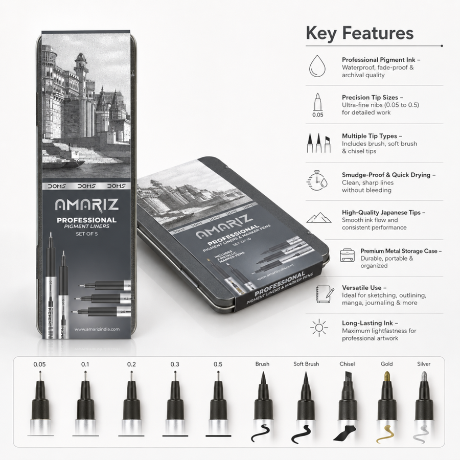 DOMS Amariz Professional Pigment Liners & Marker Pens | Waterproof Fineliner Drawing Pens | Set of 5 & Set of 10 (with Metallic Markers)
