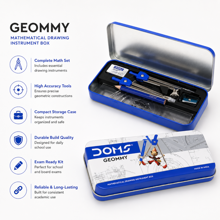 DOMS GEOMMY Math Box – Complete Mathematical Drawing Instrument Set for Students | Compass, Protractor, Divider, Ruler & More
