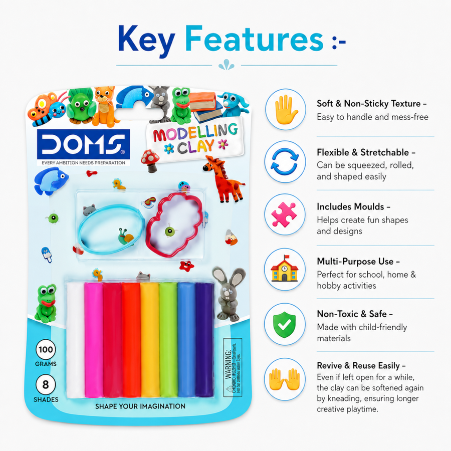 DOMS Modelling Clay 8 Shades –  Soft & Non-Sticky Clay Set with Moulds | Kids Creative Art & Craft Clay Kit
