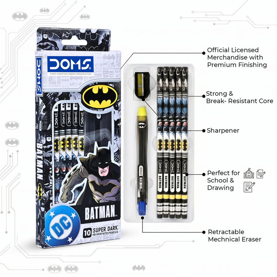 DOMS Batman Pencil Set | Batman Themed Graphite Pencils with Sharpener & Eraser | Premium Writing & Drawing Kit for Kids, School & Art Use | Official Licsenced Merchandise