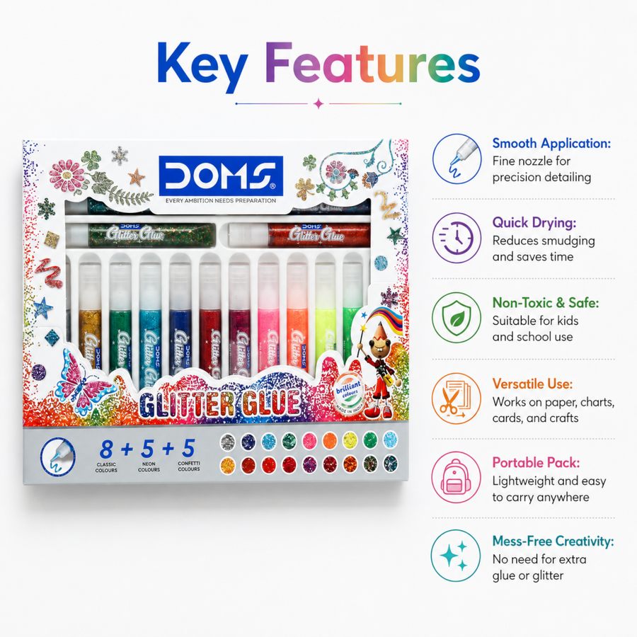 DOMS Glitter Glue 10 ML 18 Shades – Sparkling Craft Glue Set for Kids, DIY Art & Decoration