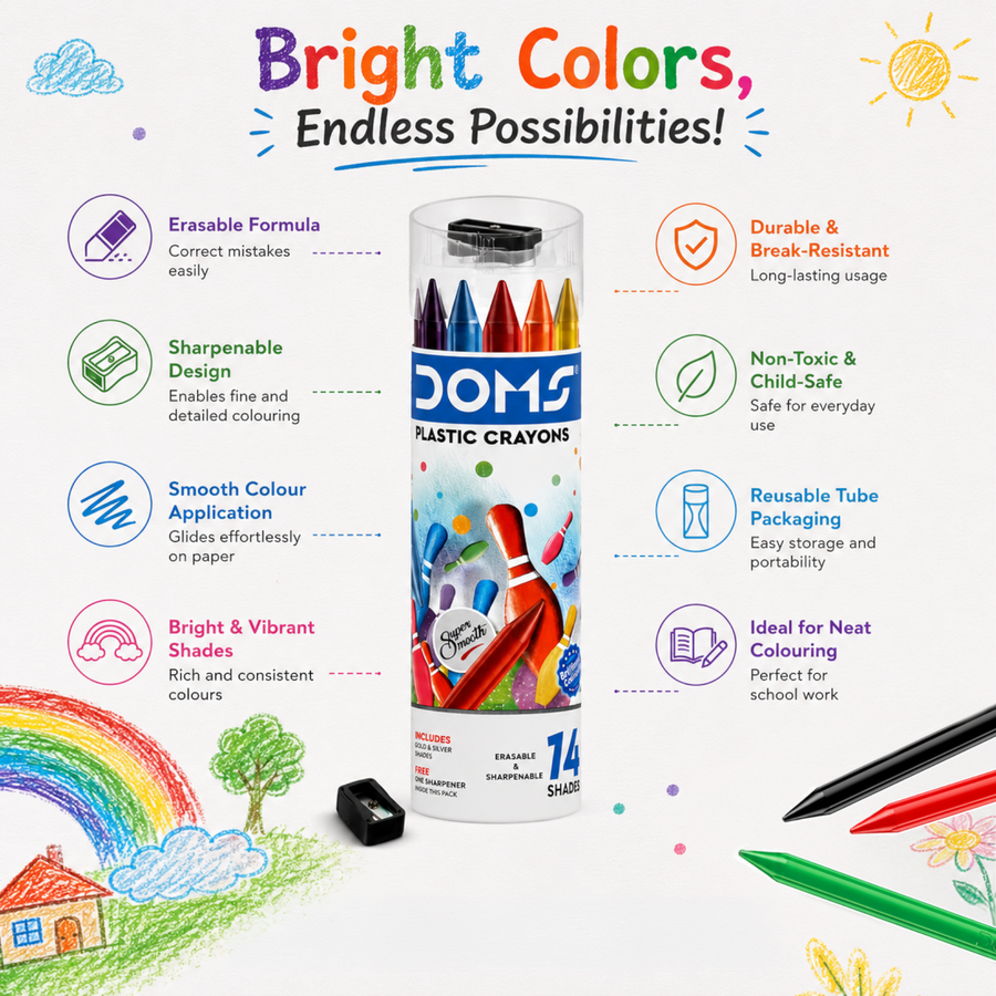 DOMS Plastic Crayons Set – Erasable & Sharpenable Colour Crayons for Kids | Smooth & Bright Shades