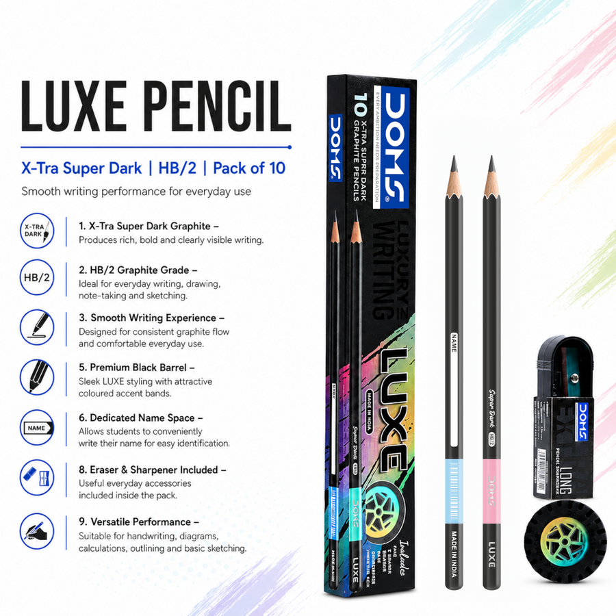 DOMS LUXE Graphite Pencils HB/2 – Pack of 10 | X-Tra Super Dark Pencils for Writing, Drawing & Sketching | Includes Eraser & Sharpener