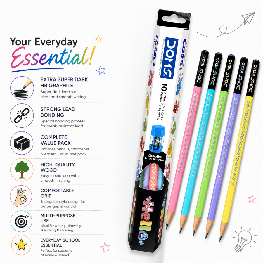 DOMS Hello Graphite Pencils | Extra Super Dark Writing | HB Pencils with Eraser & Sharpener | Smooth & Break-Resistant
