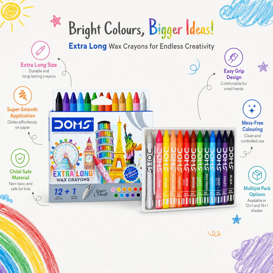 DOMS Extra Long Wax Crayons Set – Super Smooth Bright Colour Crayons for Kids