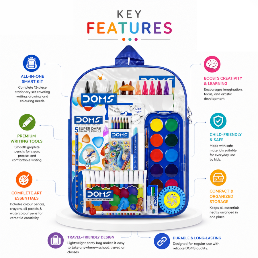 DOMS Pencil Smart Kit 12 Pcs – Complete School Stationery Set for Kids | Art & Craft Kit with Colours, Pencils, Eraser & Accessories