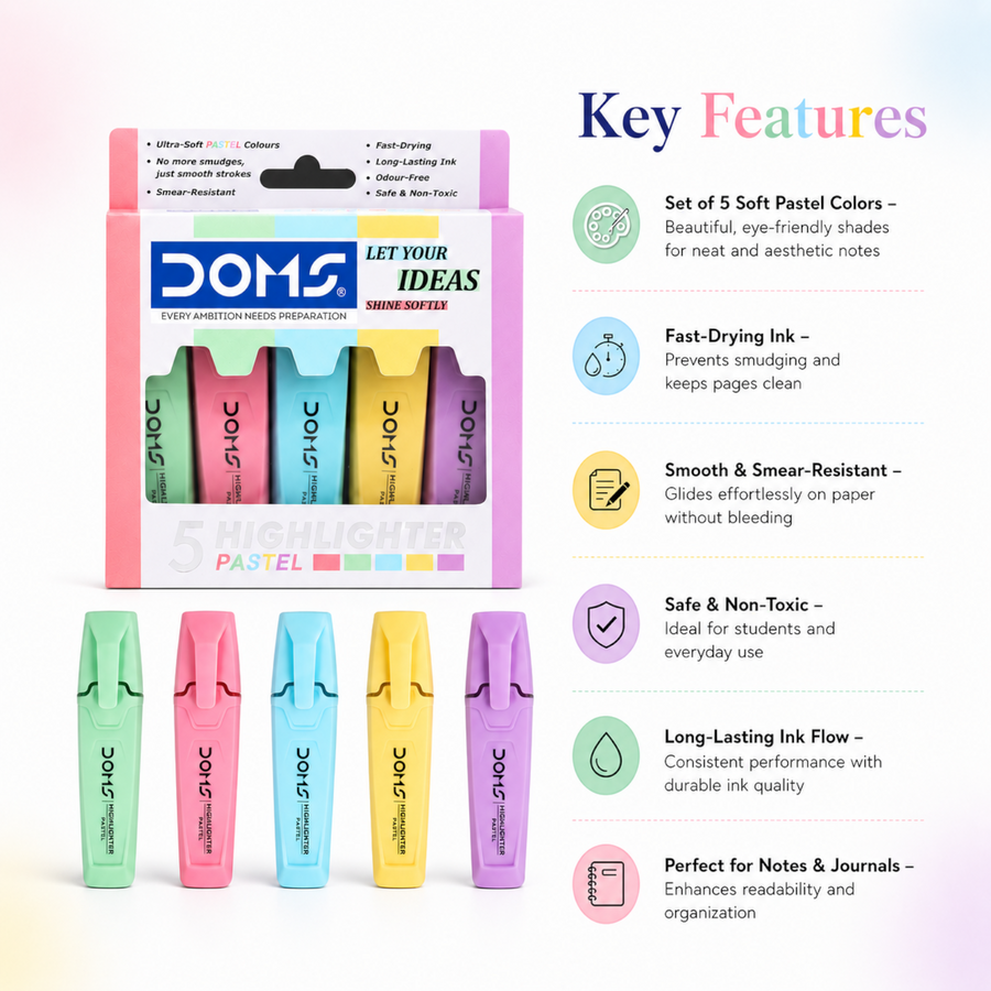 DOMS Pastel Highlighters Set of 5 – Soft Color Highlighter Pens, Smudge-Free, Fast Drying, Non-Toxic Study & Office Supplies