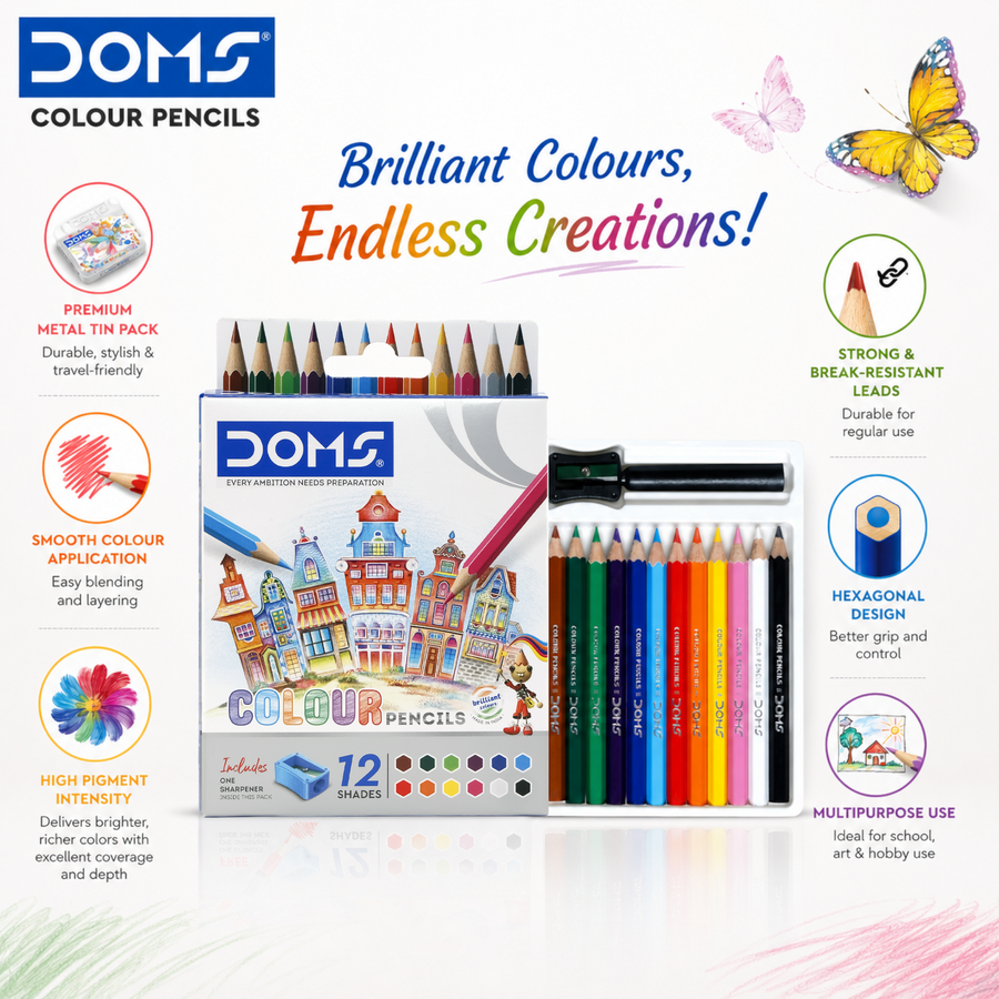 DOMS Half - Size  12 Shades Colour Pencils Set with Sharpener | Vibrant Coloring Pencils for Kids, Students & Artists