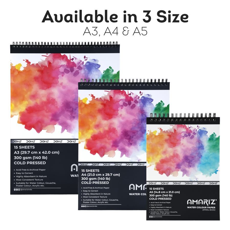 DOMS Amariz Water Colour Book 300 GSM | Cold Pressed Spiral Watercolor Paper Pad for Watercolour, Gouache, Acrylic & Poster Colours | Acid-Free Artist Sketchbook