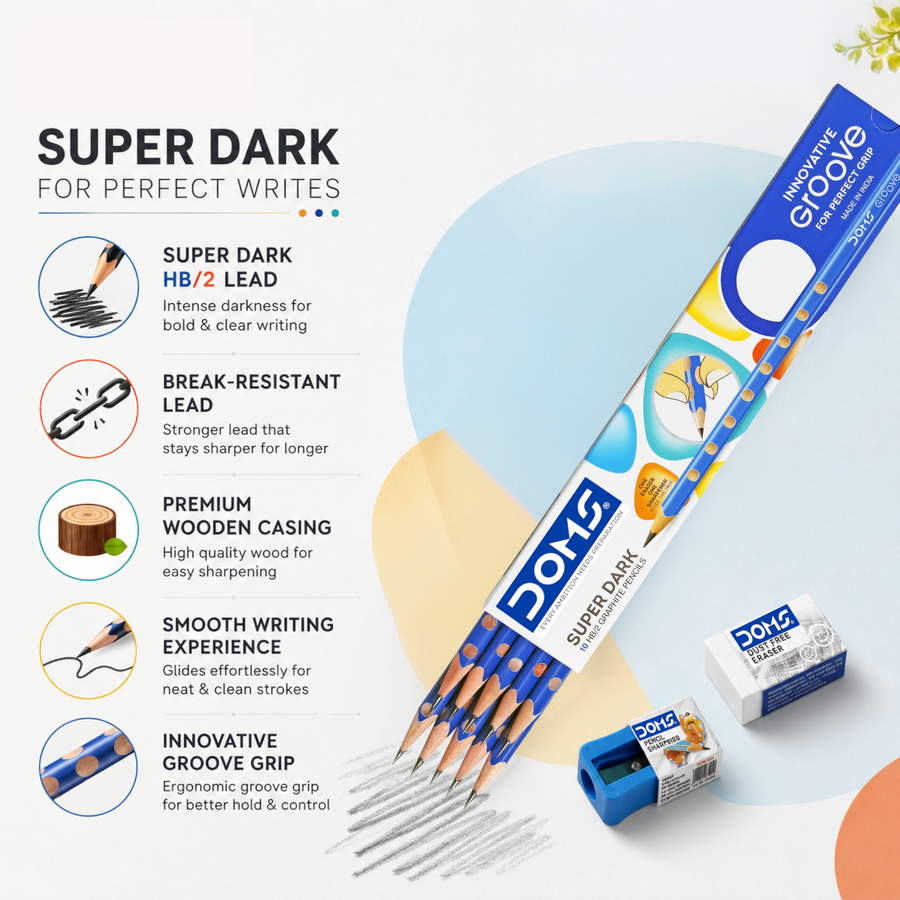 DOMS Groove Graphite Pencils | Super Dark Writing | Anti-Slip Grip Design | Smooth & Break-Resistant Lead