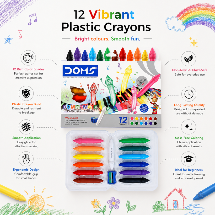 DOMS DOMMYMATE Plastic Crayons 12 Shades Set for Kids | Vibrant Non-Toxic Coloring Crayons | Smooth, Break-Resistant Art & Drawing Kit