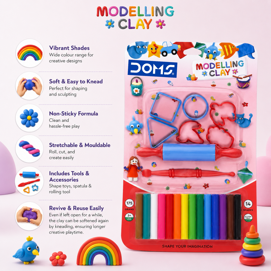 DOMS Modelling Clay 14 Shades (175g) with Tools | Soft Non-Toxic Clay Set for Kids Creative Play