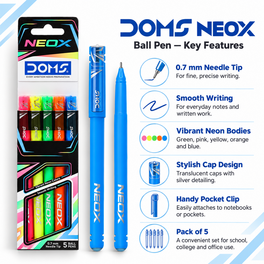 DOMS NEOX Ball Pens Pack of 5 | Blue Ink | 0.7 mm Needle Tip | Assorted Neon Bodies