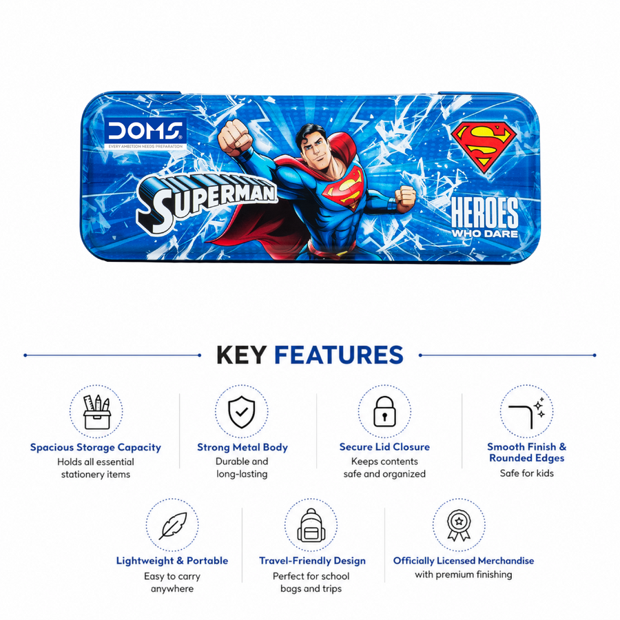 DOMS Superman Metal Tin Pencil Box | Car-Shaped Durable Kids Storage Case | Spacious & Travel-Friendly Pencil Case | Official licensed Merchandise