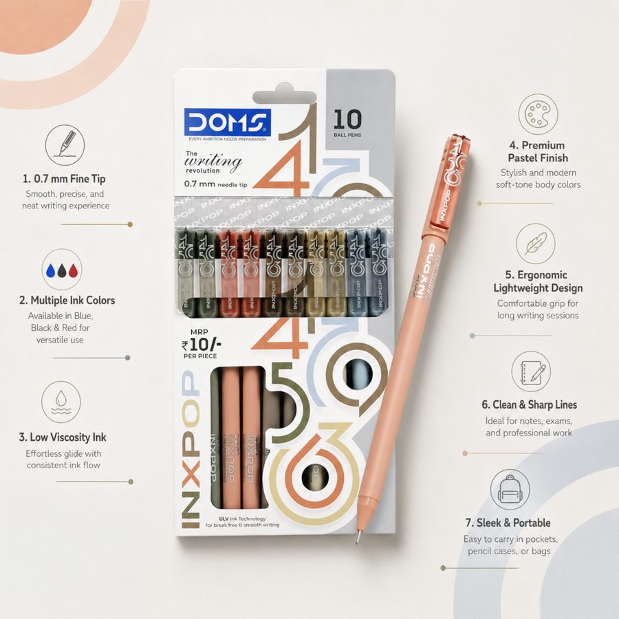 DOMS INXPOP Ball Pen Pack of 10 – 0.7 mm Smooth Writing Pens | Blue, Black & Red Ink | Premium Pastel Ball Pens for School, Office & Daily Use