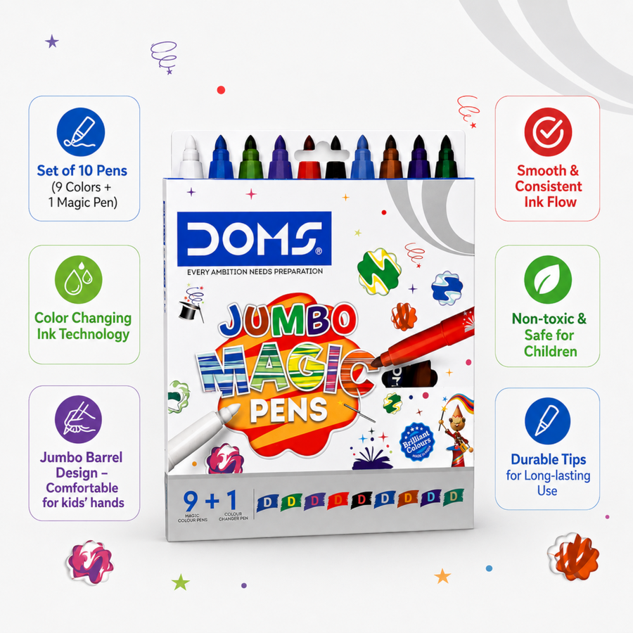 DOMS Jumbo Magic Pens 9+1 Set | Color Changing Sketch Pens for Kids, Drawing & Creative Art