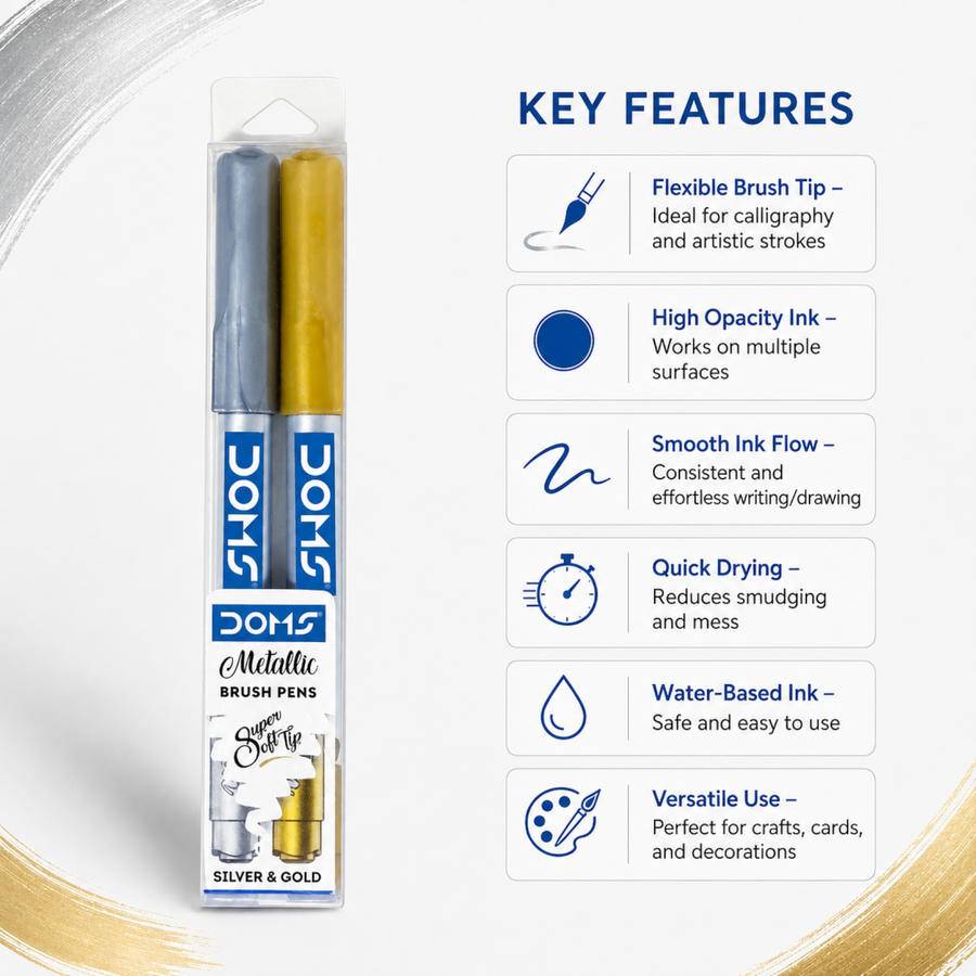 DOMS Metallic Brush Pens Silver & Gold | Dual Premium Metallic Calligraphy Pens for Art, Craft & Lettering
