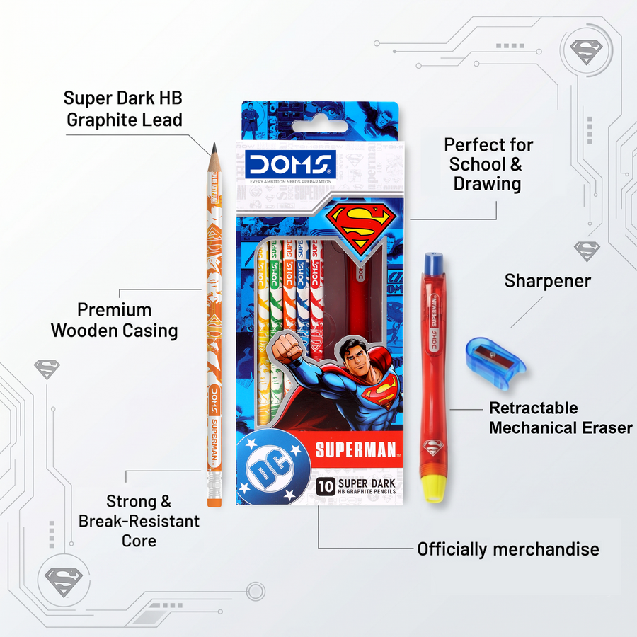 DOMS Superman Pencil Set | Superman-themed designs Pencils|Super Dark Writing |  Pencils with Sharpener& Eraser for School Kids | Official Licsenced Merchandise