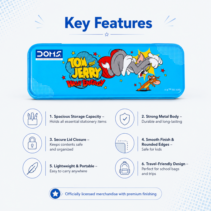 DOMS TOM & JERRY High Energy Metal Tin Pencil Box | Durable Kids Storage Case | Spacious & Travel-Friendly | Official licensed Merchandise