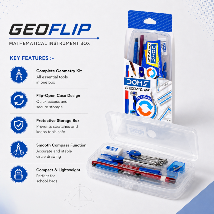DOMS GEOFLIP Math Instrument Box – Compact Geometry Kit with Compass, Protractor, Divider, Scale & Accessories for Students