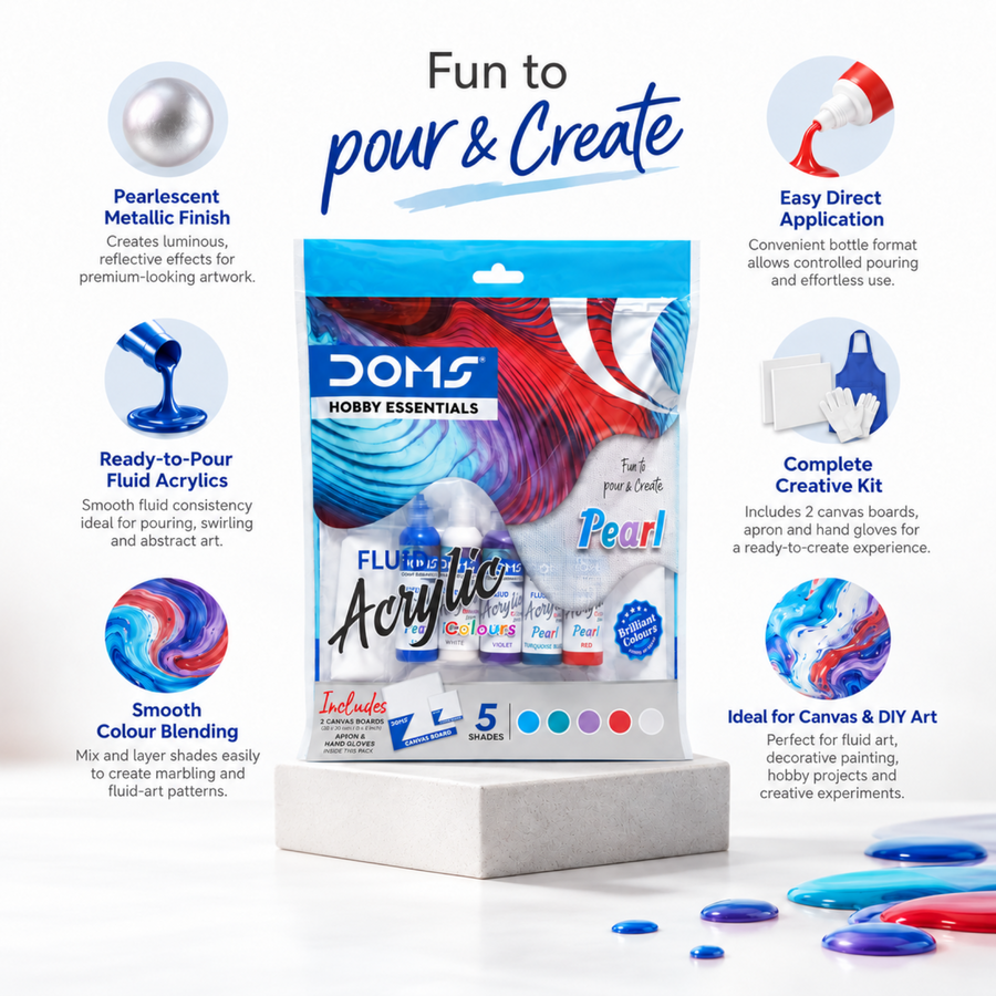DOMS Hobby Essentials Pearl Fluid Acrylic Colours Kit 5 Assorted Shades, 25 ml Each | Ready-to-Pour Pearlescent Acrylic Paint Set with 2 Canvas Boards, Apron & Hand Gloves for Fluid Art, Pour Painting & DIY Crafts