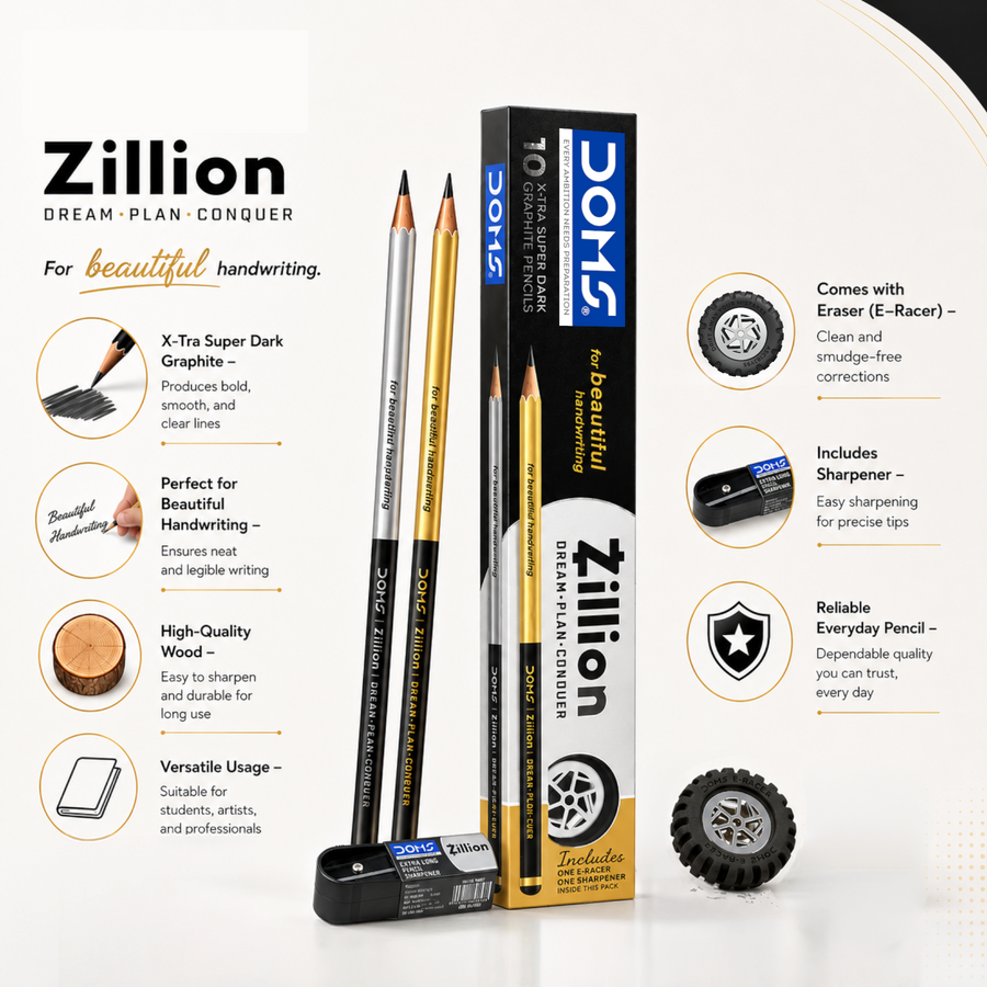 DOMS Zillion X-Tra Super Dark Graphite Pencils Pack of 10 with Sharpener & Eraser | Premium Writing Pencils for Students