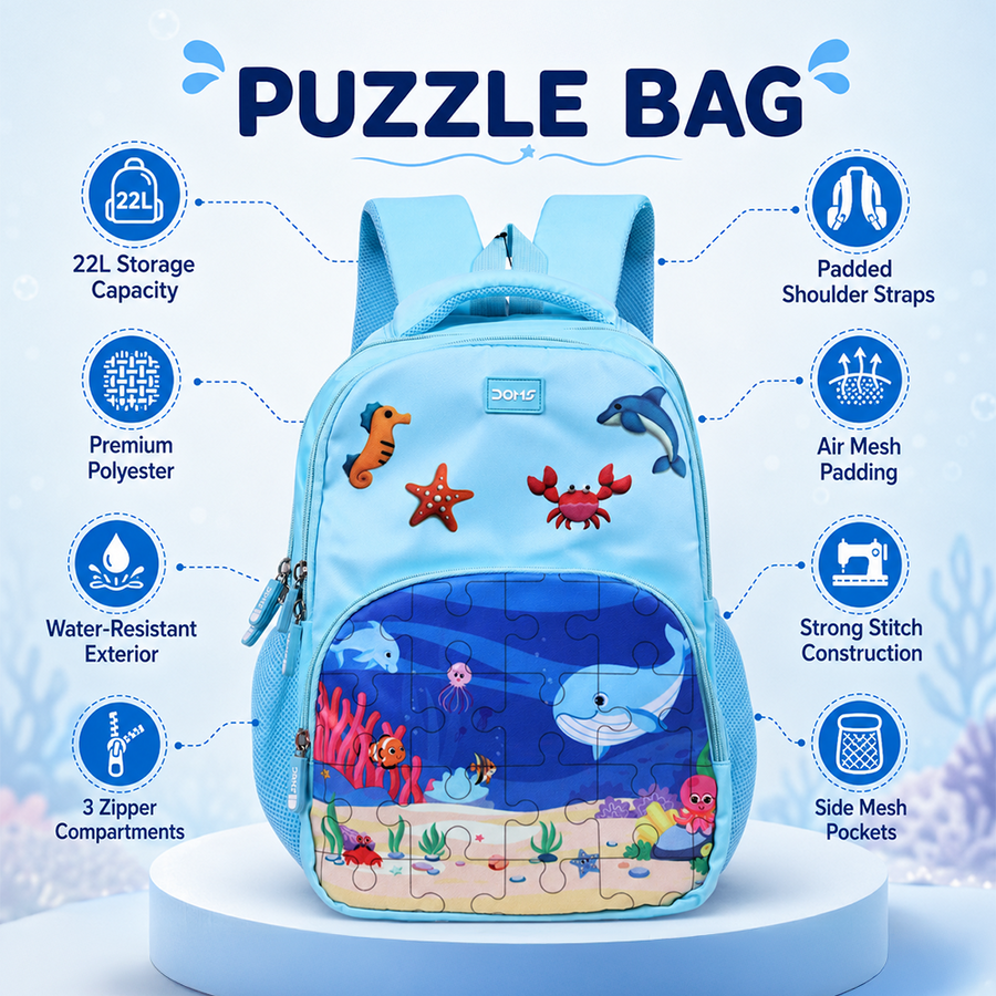 DOMS Puzzle Bag Kids School Backpack – Lightweight Water-Resistant Cartoon Theme Bag (22L)
