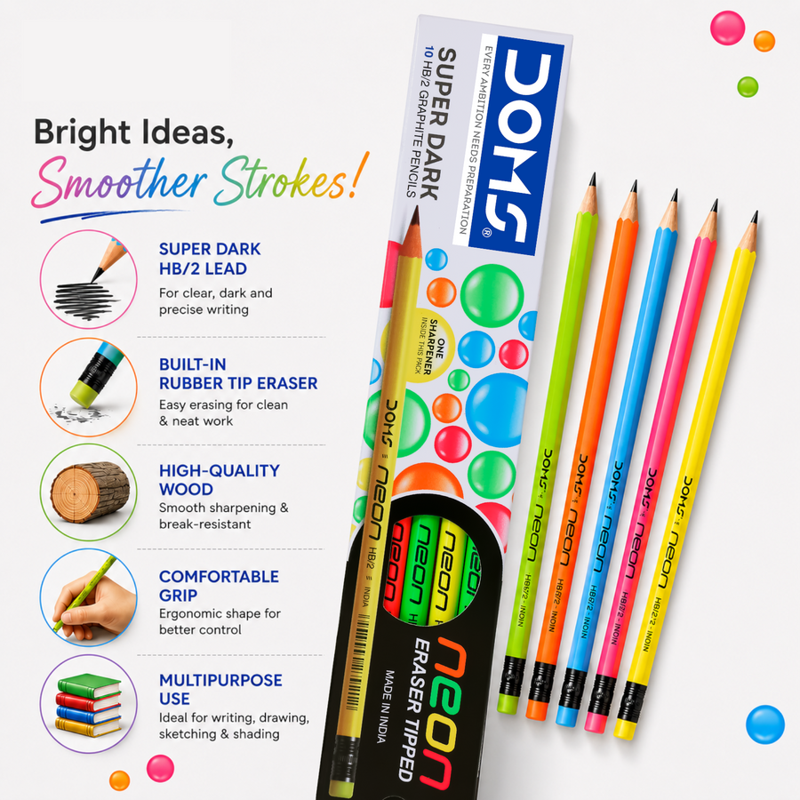 DOMS Neon Rubber-Tipped Graphite Pencils | Super Dark Writing | Smooth Finish | Eraser Tipped | School & Office Use