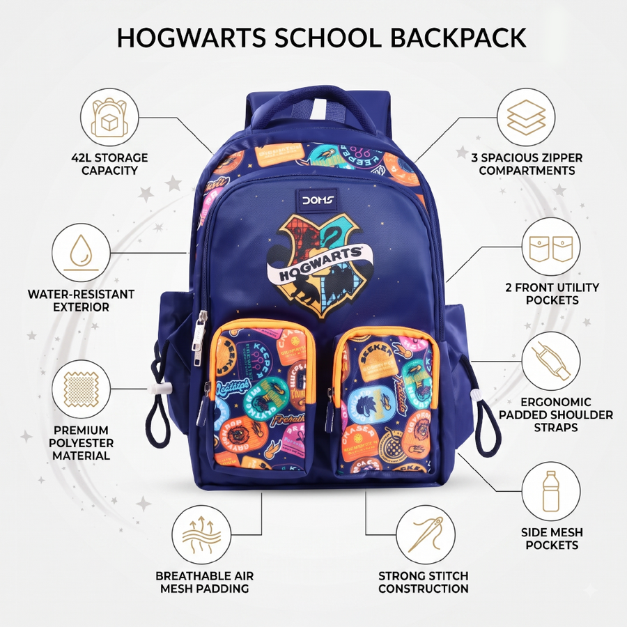 DOMS Hogwarts Blue School Backpack – Large Capacity Water-Resistant | Travel & School Bag (42L) | Official License Merchandise