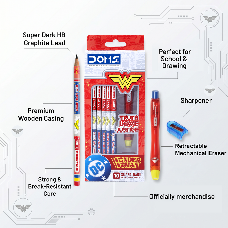 DOMS Wonder Woman Pencil Set | Wonder Women Themed Graphite Pencils with Sharpener & Eraser | Premium Writing  Kit for Students | Official Licsenced Merchandise