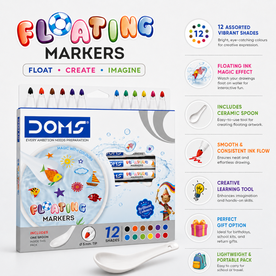 DOMS Floating Markers Set – 12 Vibrant Shades with Magic Water Effect | Fun Drawing & Floating Ink Markers for Kids | Creative Art & Activity Kit with Spoon