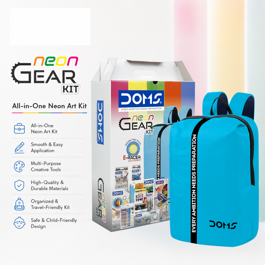 DOMS Neon Gear Kit – Kids Art & Stationery Set with Neon Colours, Sketch Tools & Pencil Box | All-in-One Creative Kit for School & Drawing